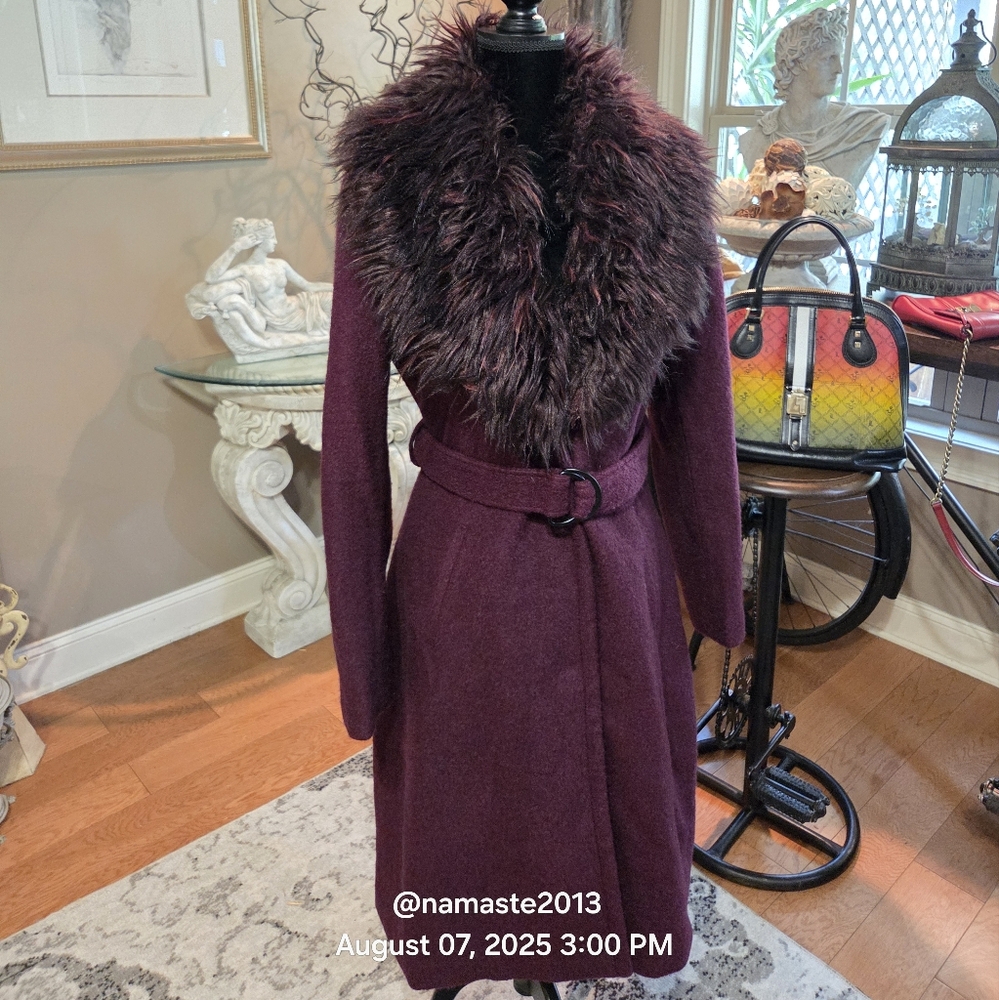Guess Burgundy Purple Wool Blend Coat with Faux Mongolian Fur Trim Designer #679